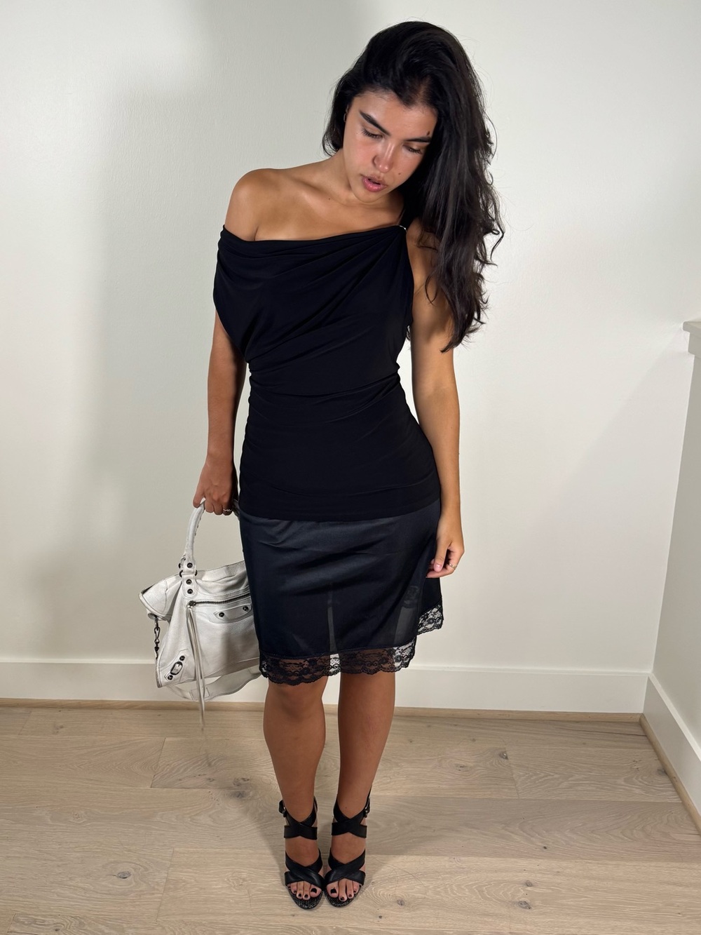 Vintage Black Midi Skirt with Lace Hem
